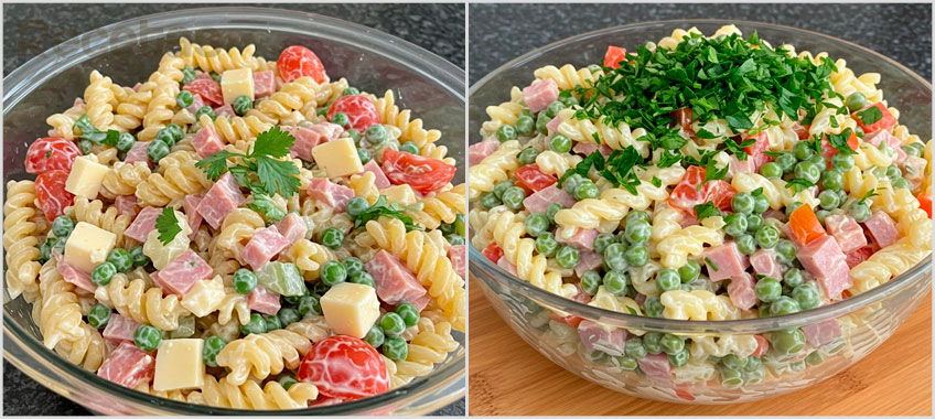 Ensalada de pasta cremosa con jamón y queso